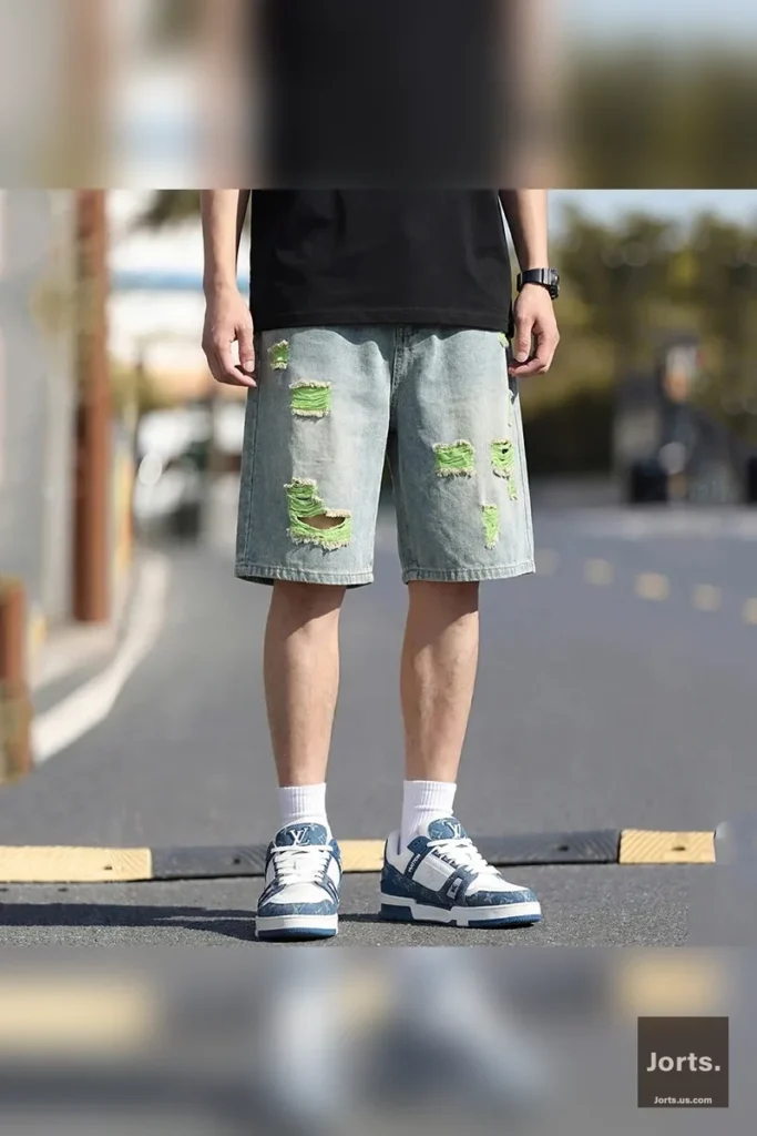 Vintage Colorful Ripped Jorts – Baggy Distressed Denim