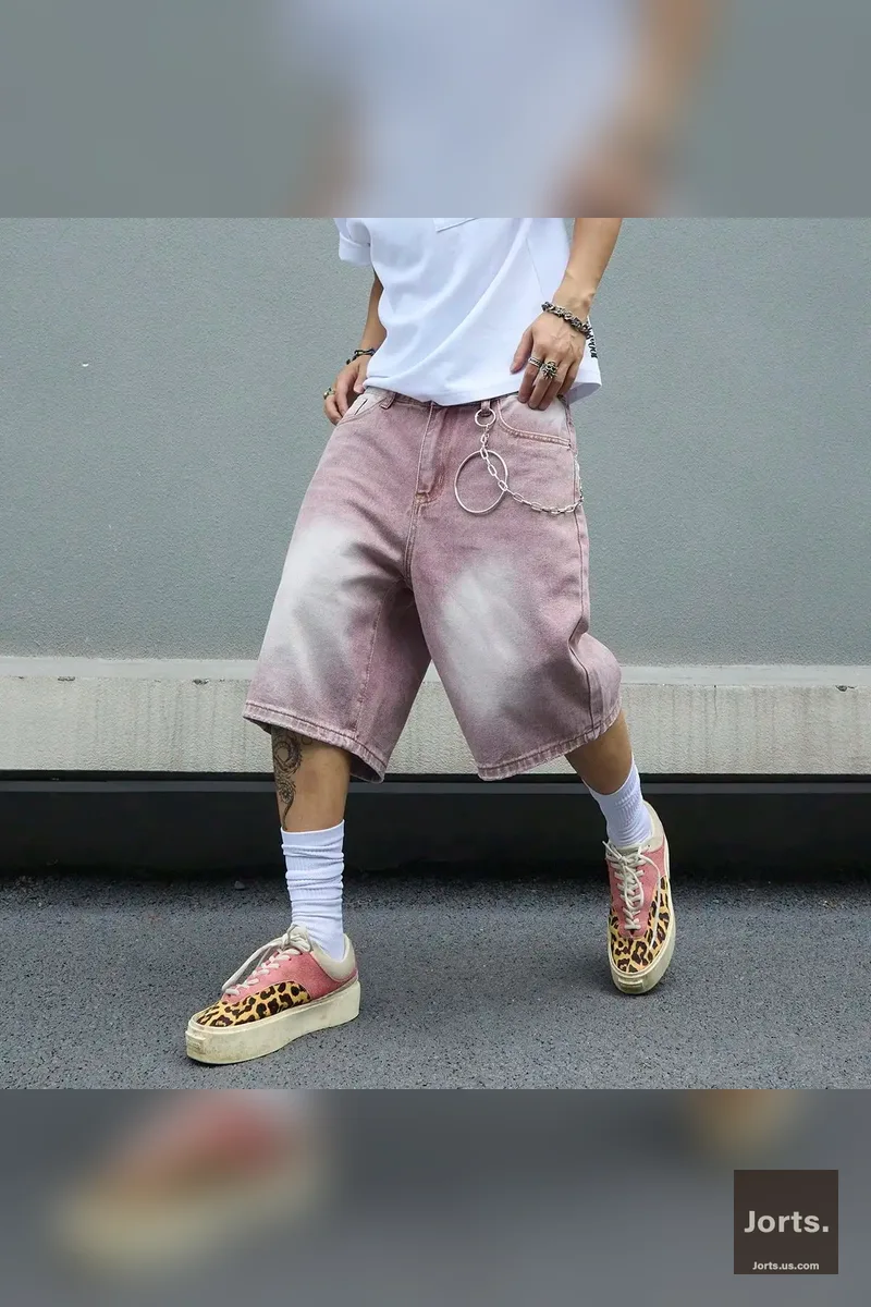 Front view of men's pink gradient baggy denim jorts with vintage wash and distressed details, embodying Y2K streetwear.