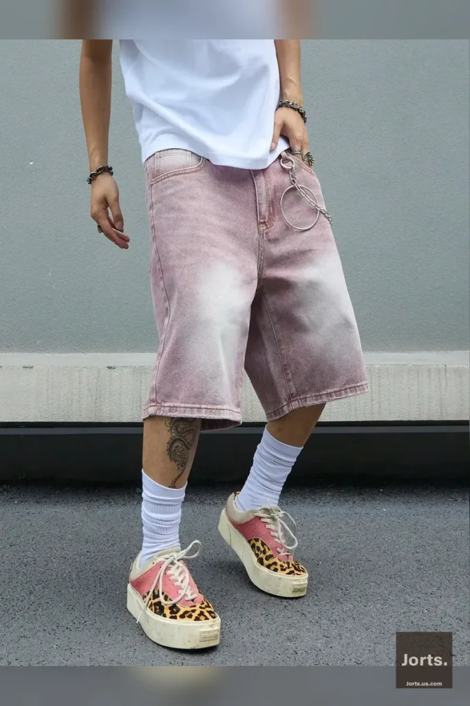 Close-up of distressed detailing on the pink gradient baggy denim shorts, adding an edgy Y2K touch.