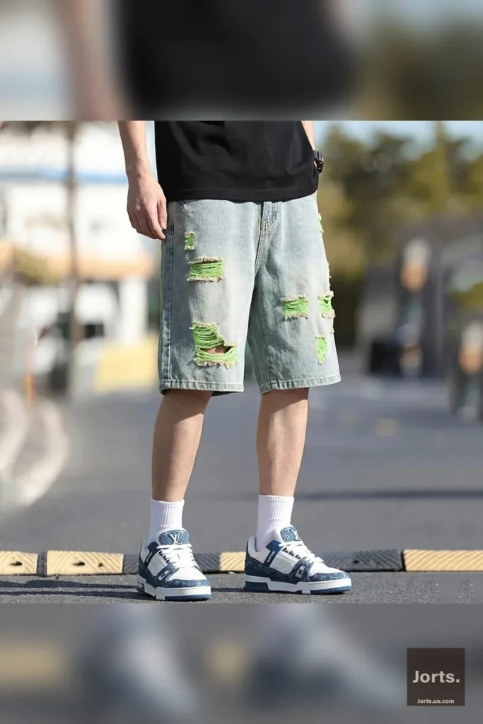 Men's vintage colourful ripped jorts with green lining, back view, showing patchwork