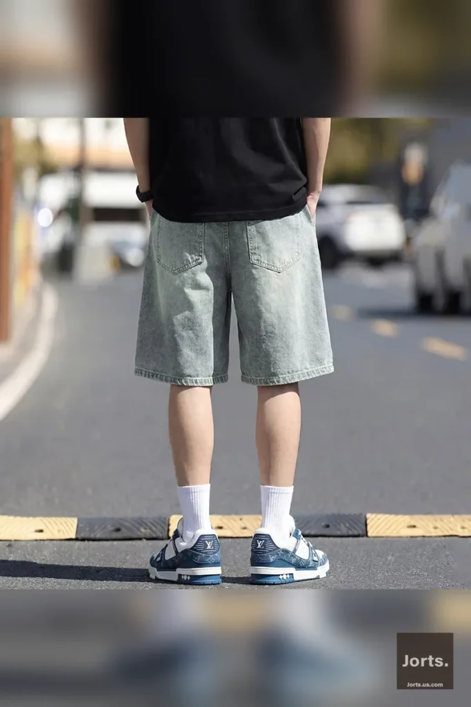 Close-up of green colourful lining and distressed detail on vintage jorts