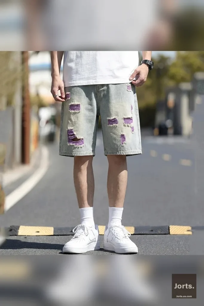 Close-up of orange colourful lining and distressed detail on vintage jorts