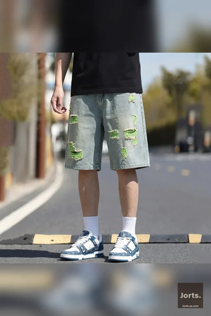 Detail of the elastic waist and closure on vintage colourful ripped jorts